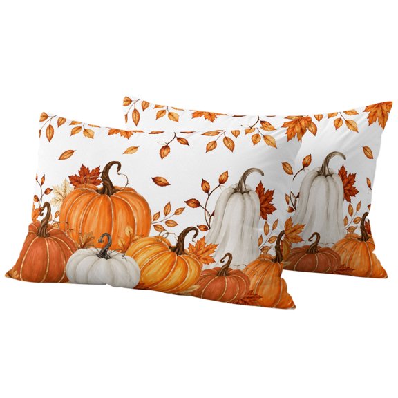 Burnt Orange Pumpkins Fall Outdoor Waterproof Pillow Covers, Thanksgiving Maple Leaves Autumn Decorative Rectangle Throw Pillowcase Sofa Cushion Sham for Patio/Couch/Chair, 20"x12" 2 Pack