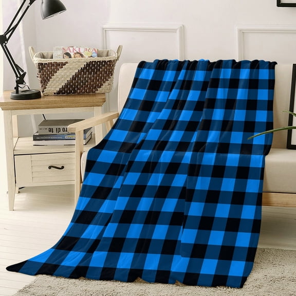 Flannel Fleece Throw Blanket, Deepblue Black Check Soft Warm Fuzzy Cozy Blanket for Couch Bed Sofa Office, Minimalist Grid 40x50in