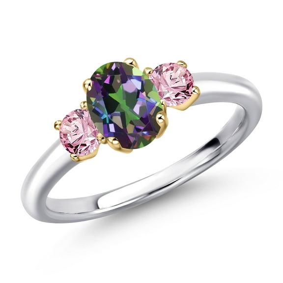Gem Stone King 10K Two Tone Gold Green Mystic Topaz and Pink Lab Grown Diamond Engagement Ring for Women | 1.36 Cttw | Oval 7X5MM | Gemstone November Birthstone | Size 8