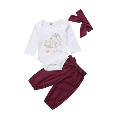 

Meihuida Baby Girls Elephant Romper + Wine Red Pants + Headband