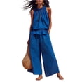 thumbnail image 2 of Linen Sets for Women 2 piece Sleeveless Ruffle Top Wide Leg Pants Matching Set Summer Beach Vacation Outfits,Blue,XXL, 2 of 7