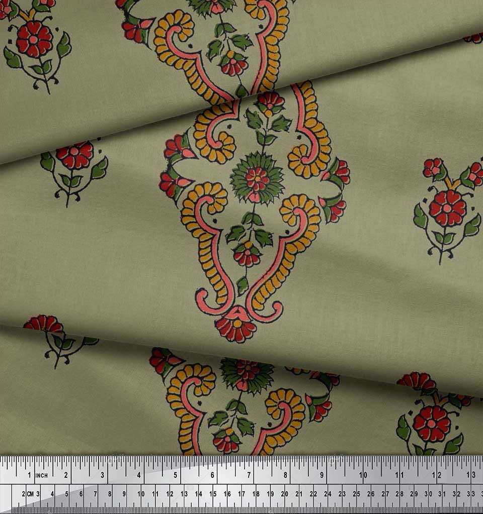 Soimoi Rayon Fabric Leaves & Floral Block Print Sewing Fabric Yard 56 Inch Wide