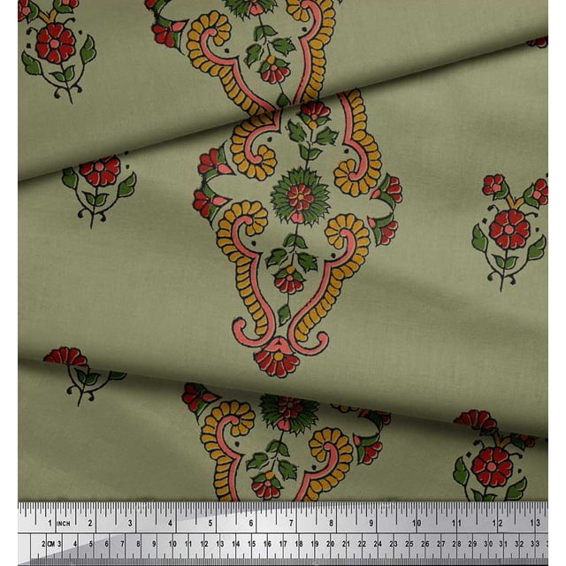 Soimoi Silk Fabric Leaves & Floral Block Print Fabric by Yard 42 Inch Wide