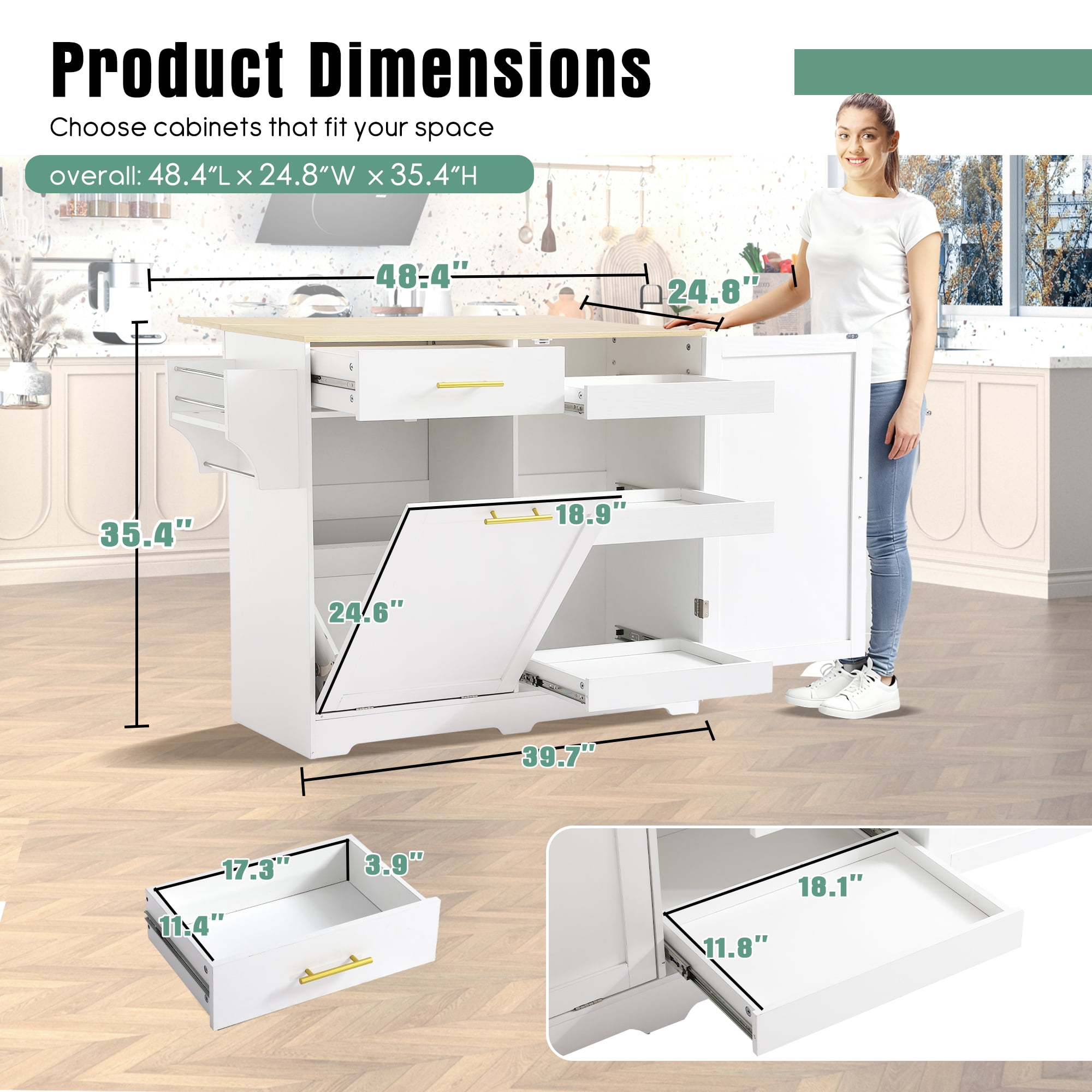 Haverchair 39.7" Kitchen Island with Drop Leaf and Storage Cabinet, Mobile Kitchen Rolling Bar Cart with Trash Can Cabinet and Drawer, Modern Island Table for Kitchen with Spice Rack and Towel Rack