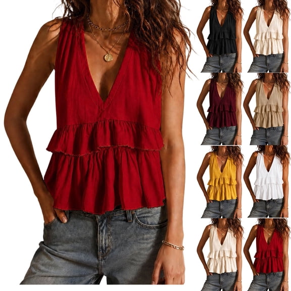 Admvng Tank Top for Women Deep V Neck Sleeveless Ruffle Tiered Cropped Peplum Flowy Casual Summer Camisole Blouse