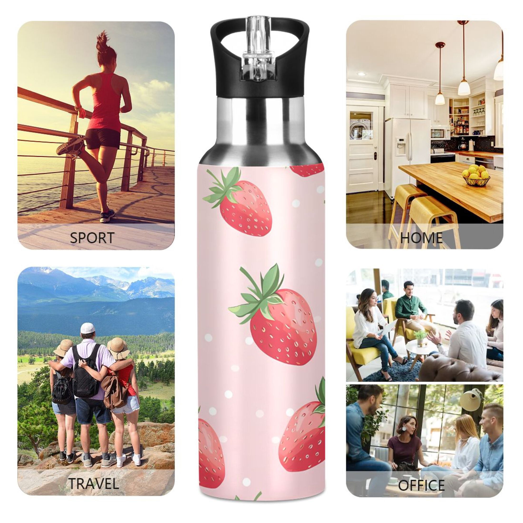 Cute Strawberry Water Bottle For Girls - 16oz Insulated Stainless Steel Tumbler With Straw & Bow, Leakproof, Pink