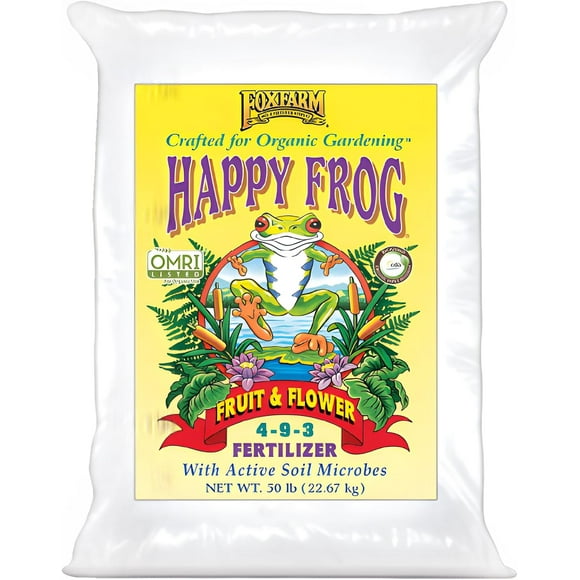 Fox Farm Happy Frog Fruit & Flower Fertilizer Organic Blend for Abundant Fruits & Vibrant Flowers, Phosphorus Fertilizer with Mycorrhizal Fungi, NPK 4-9-3, (50 lb Bag)