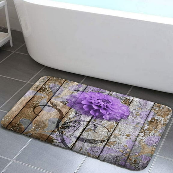 Farmhouse Floral Flower Bath Mat, Dahlia Rustic Wooden Plank Country Barn Wood Purple Flower Non-Slip Flannel Soft Doormat Floor Entryways Outdoor Indoor Front Door Mat, (17X29)