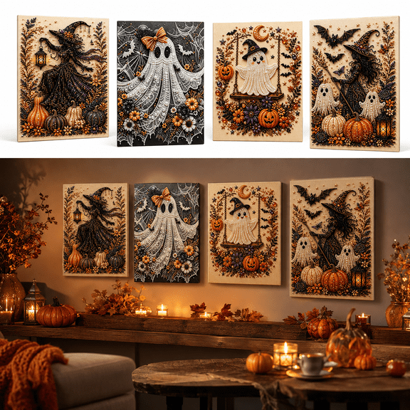 Halloween Pearl Art DIY Kit, 3D Pearl Diamond Painting Kit for Adults, Witch Pumpkin Ghost Bead Art Craft, Halloween Wall Decor Handmade Decoration, Style A