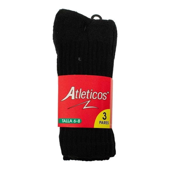 Calceta Infantil Atléticos para Niño Diseño Liso Negro 3 Pares Talla 6-8