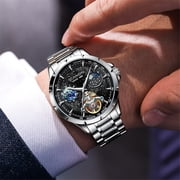 GUANQIN Men Skeleton Automatic Self-Winding Mechanical Luminous Moon Phase Stainless Steel Leather Wrist Watch Sapphire Waterproof Starry Sky Multifunctional Dial Clock