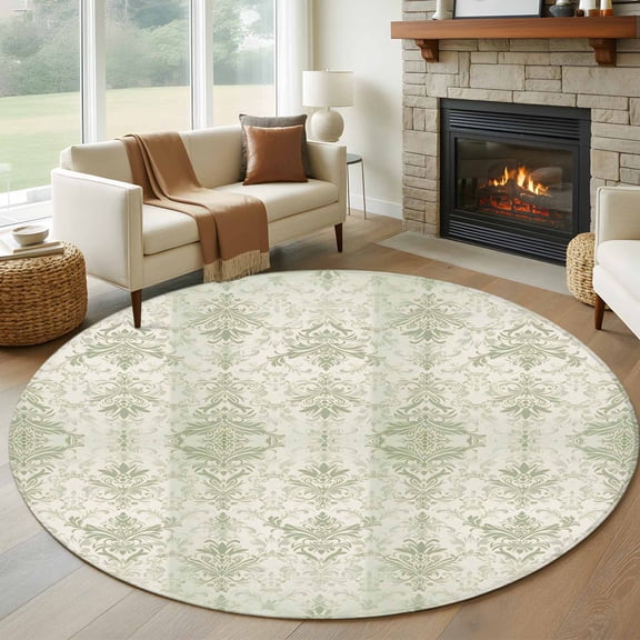 Round Rugs 5Ft, Sage Green Floral Boho Round Area Rug Washable Indoor Throw Carpet, Vintage Ethnic Tribe Abstract Art Soft Non Slip Circle Rug for Cabinet Bathroom Home Decor Aesthetic