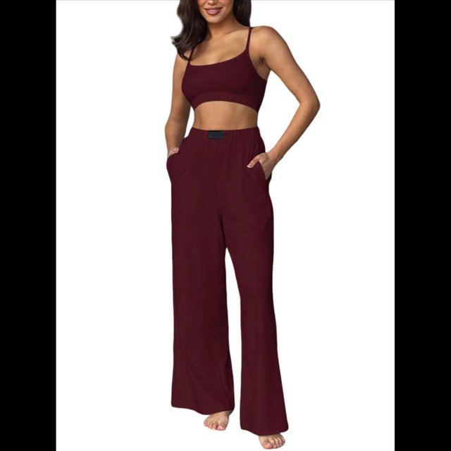 Conjuntos Casuales de Dos Piezas para Mujer, Camiseta Sin Mangas con Cuello en V y Cintura Elástica, Chándal de Verano con Bolsillo. Vino Tinto L
