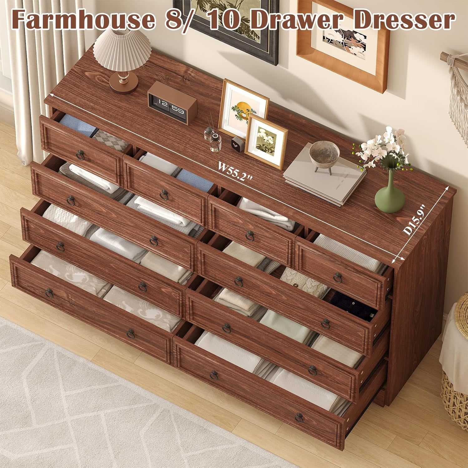 Meteorleg 10 Drawers Dresser for Bedroom, 55.2 Inch Wide Large Dressers & Chests of Drawers, TV Stand for 65 inch, Storage Organizer Furniture, Hallway, Entryway, Closet,Cherry