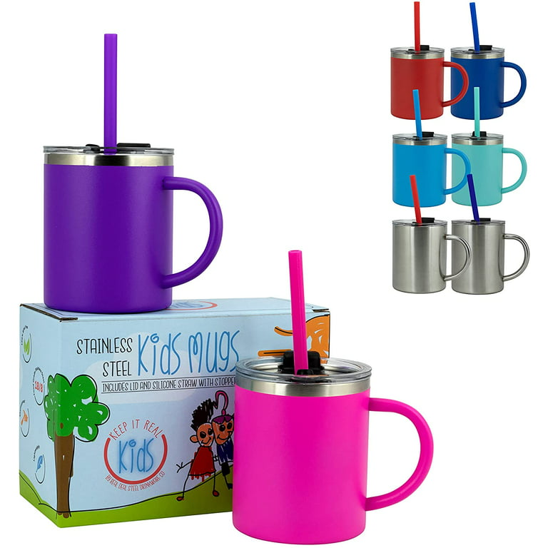 Stainless Steel Kids Mugs - BPA Free 10 oz Childrens Cup, Coffee Style Mugs  for Hot Chocolate, Milk, Set of 2 with Handle, Lid and Straw (Purple /  Pink)… 