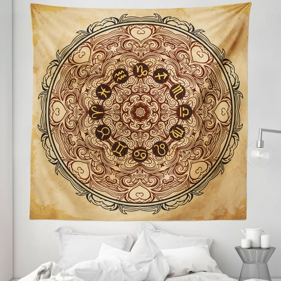 Tan Tapestry, Micro Cosmos Universe Eastern Lace Mandala Form with Signs on Grunge Backdrop, Fabric Wall Hanging Decor for Bedroom Living Room Dorm, 5 Sizes, Brown Tan, by Ambesonne