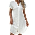 thumbnail image 3 of Women Linen Dress Spring Summer Casual Cap Sleeve V Neck Midi Button Down Shirt Dresses White S, 3 of 6
