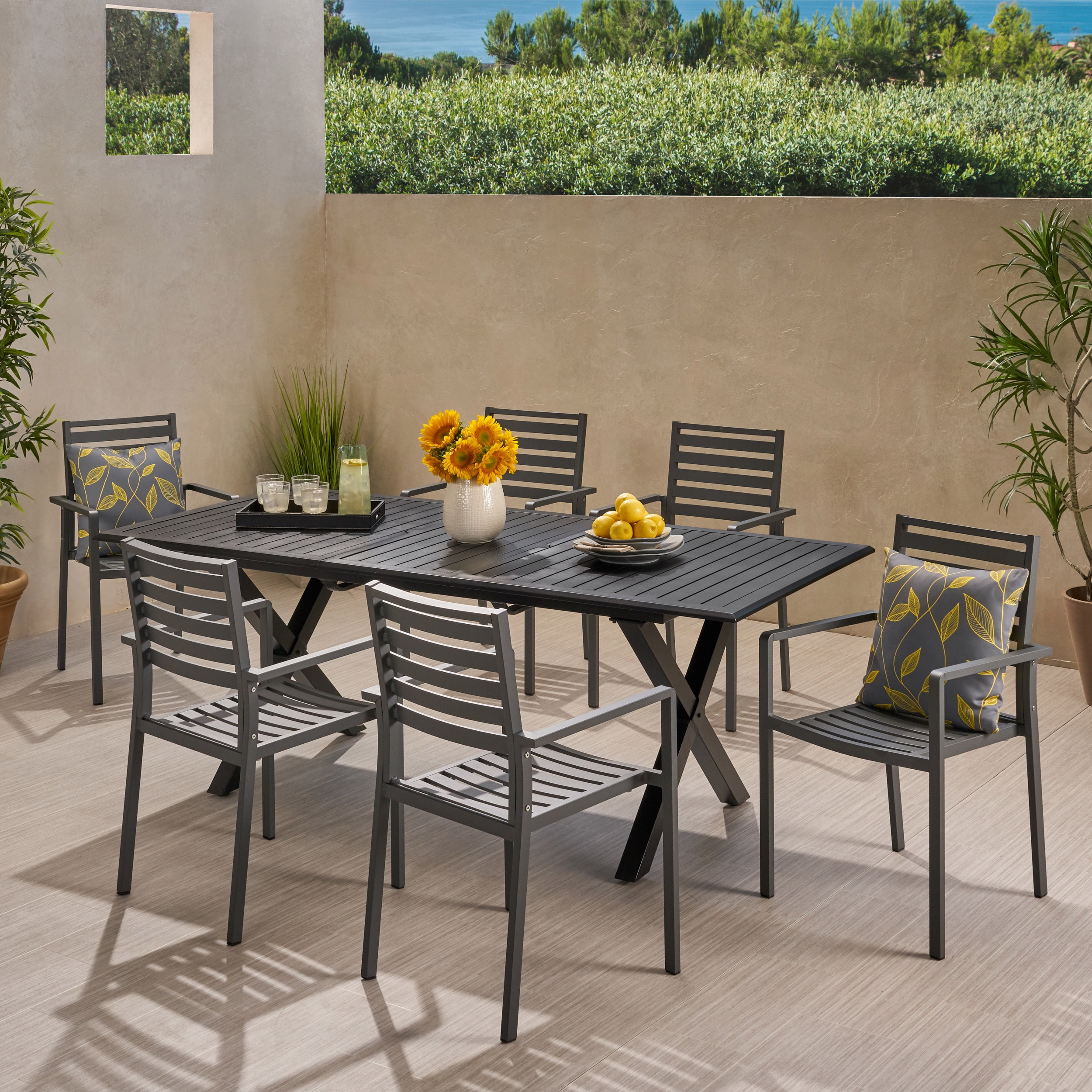 Noxx Outdoor Modern 6 Seater Aluminum Dining Set with Expandable Table