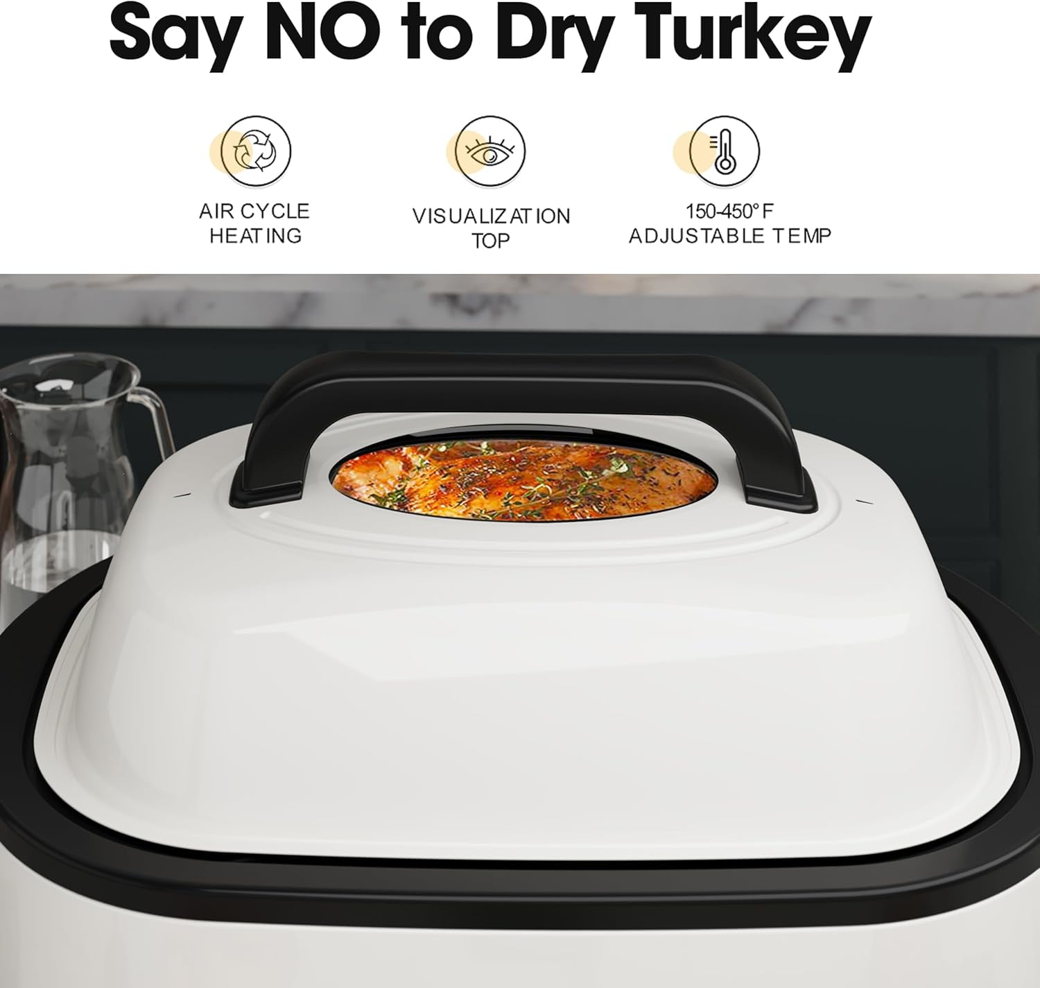 Roaster Oven Electric, Roaster Oven 22 Quart with Self-Basting Lid, Turkey Roaster Oven with Removable Pan and Rack, Adjustable Temperature Control Powerful 1450W Stainless Steel Roaster Oven, White