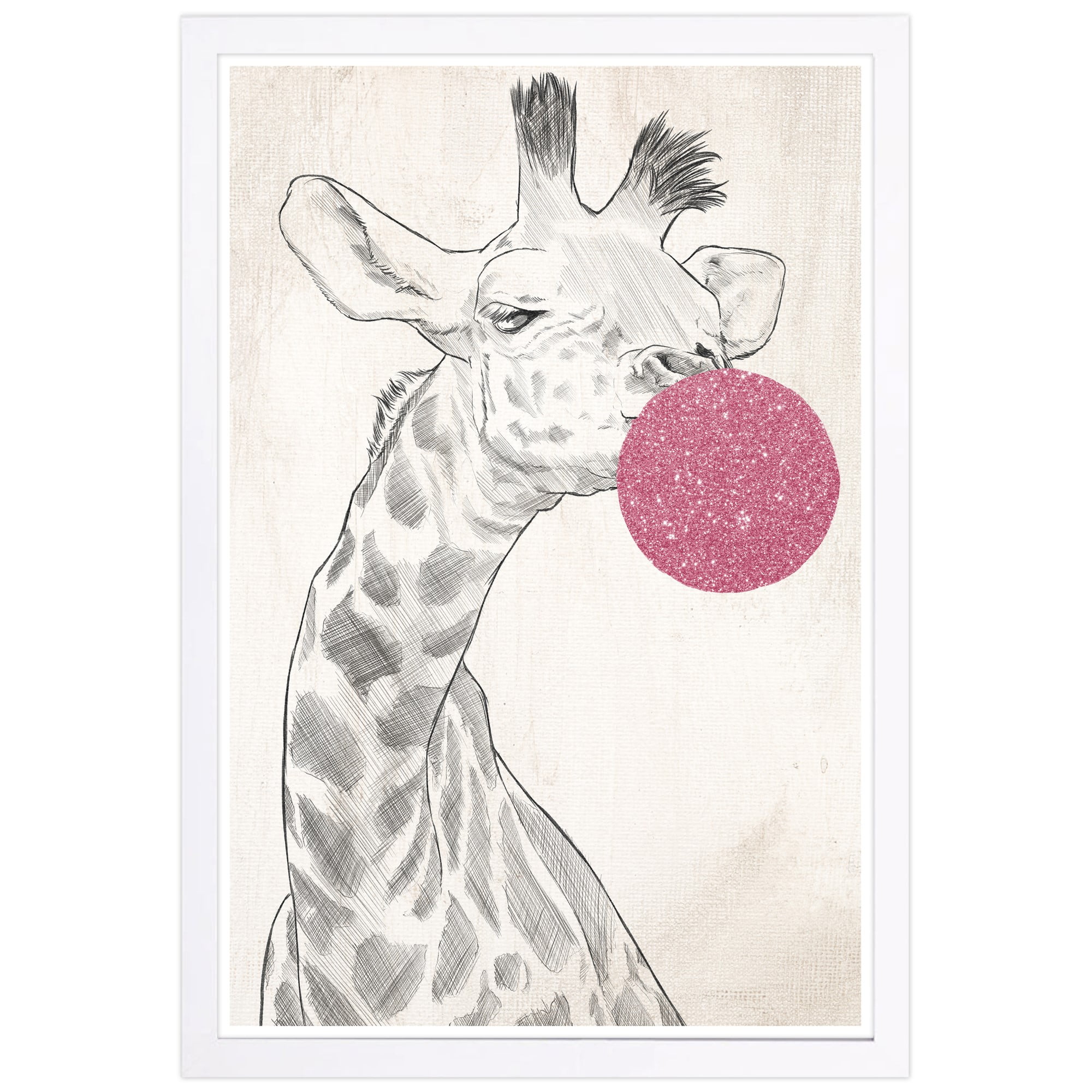 Wynwood Studio 'Glitter BubbleGum Giraffe' Animals Framed Wall Art
