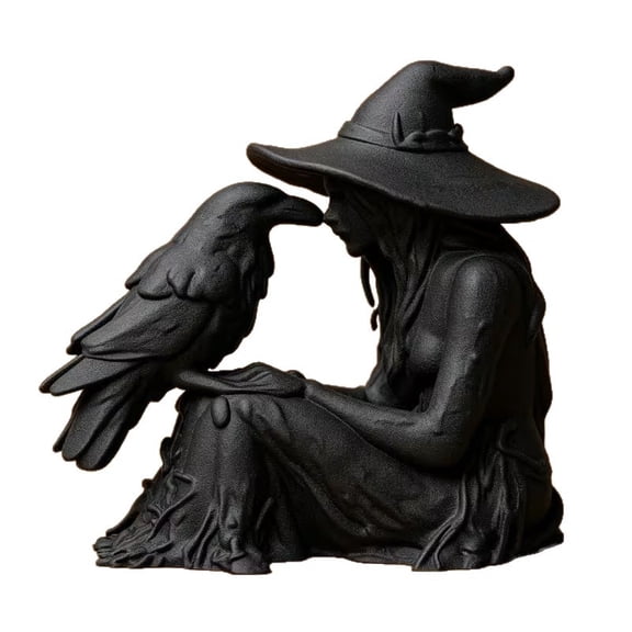 Witch & Crow Figurine, Black Gothic Witch Statue, Wiccan Altar Decor, Spooky Halloween Decoration for Home Shelf Desk