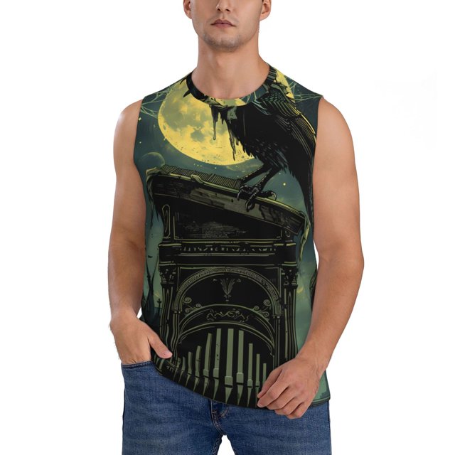 Fotbe MoonNight Sky Crow Men's Camiseta sin Mangas Estampada para Hombres, Playera Casual para Gimnasio, Entrenamiento, Playa-Large
