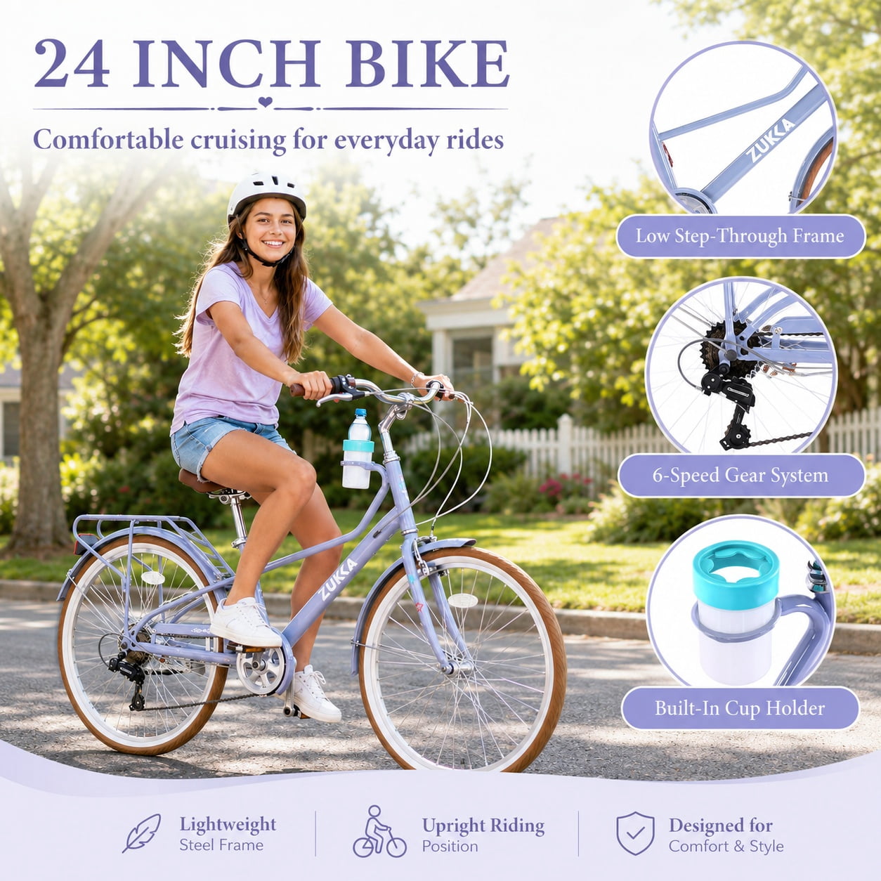 Aukfa 24 Inch Women's Cruiser Bike, 6-Speed Step-Through Commuter Bicycle with Cup Holder & Rear Rack,Blue