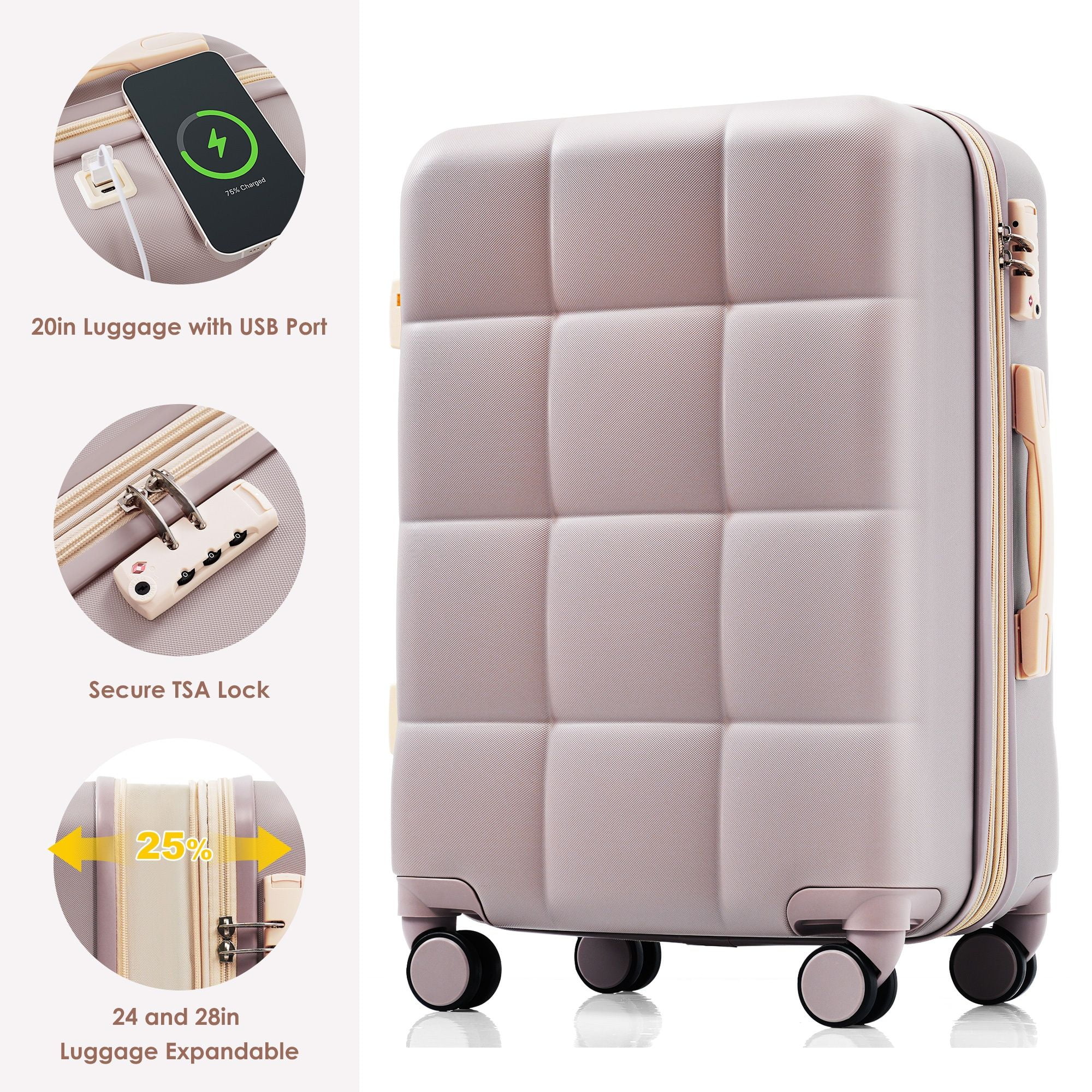 Aukfa Luggage Set, 3 Piece Expandable Hardshell Suitcase with USB Port and Cup Holders, Spinner Wheels, Blush