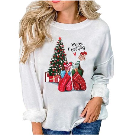 jsaierl Womens Christmas Sweatshirts Long Sleeve Christmas Tree Print Top Casual Crewneck Sweatshirt Loose Fit Pullover Christmas Gifts for Women