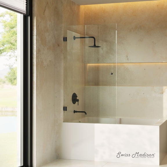 Voltaire 24 x 58 Frameless Pivot 3/8 in. (10mm) Ultra Clear Tempered Glass Tub Door with Black Matte Hardware