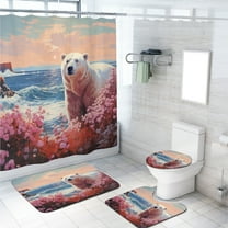 Bear 4 Piece Shower Curtain Sets Beach Ocean Wildlife Animal Flowers Nature Scenery with Non-Slip Rugs Toilet Lid Cover and Bath Mat Bathroom Decor Set, 72x72 Inch