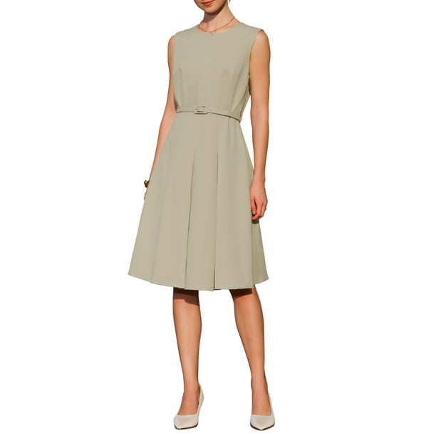 Vestido sin mangas para mujer INSPIRE CHIC con cremallera, cinturón y corte acampanado, vestido midi para el trabajo, talla L, color caqui