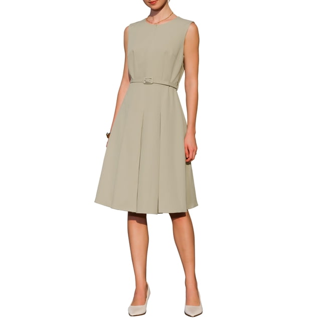 Vestido sin mangas para mujer INSPIRE CHIC con cremallera, cinturón y corte acampanado, vestido midi para el trabajo, talla L, color caqui