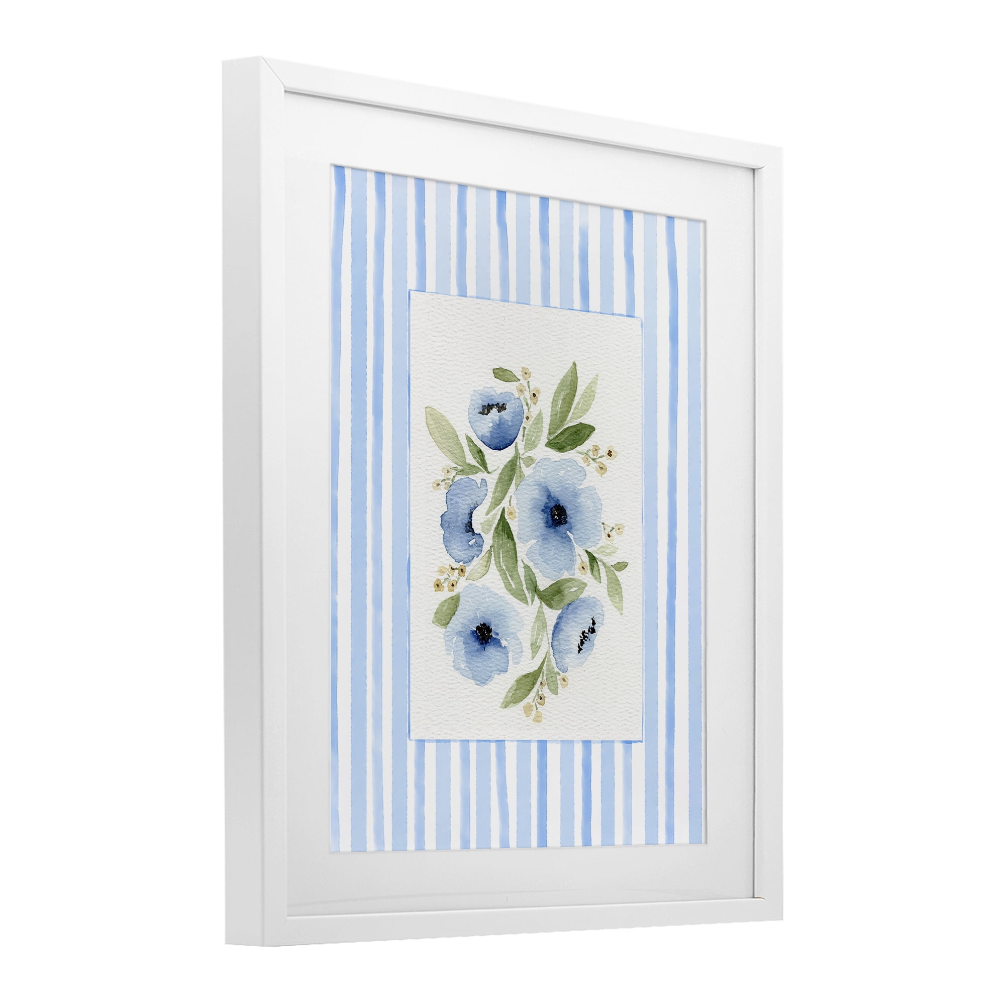 Stupell Industries Flowers With Stripe Border White Framed Print Under Glass, design by Leah Noel Art