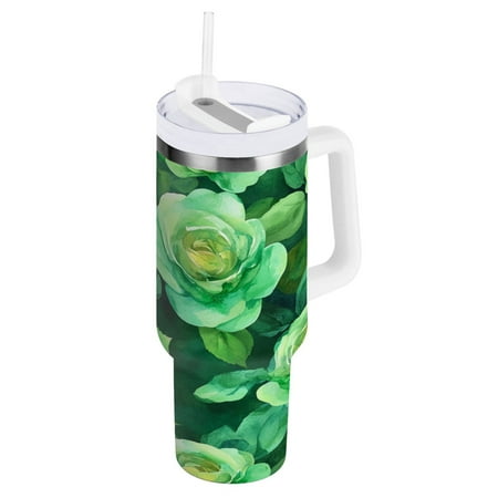 30 oz Stainless Steel Tumbler Vacuum Insulated Leak Proof Stainless Steel Coffee Cup Water Bottles Cartoon Green Roses Seamless