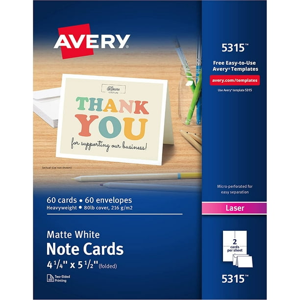 Avery Printable Note Cards, Laser Printers, 60 Cards and Envelopes, 4.25 x  5.5 (5315)