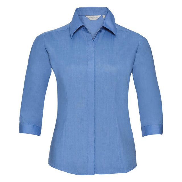 Russell Collection- Camisa entallada de manga tres cuartos de popelín y fácil cuidado de poliéster y algodón para mujer (Azul Corporativo)