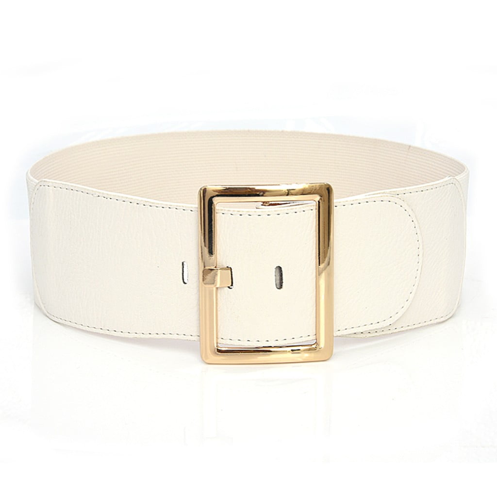 qucoqpe Women's PU Leather Elastic Wide Belt with Square Buckle Solid ...