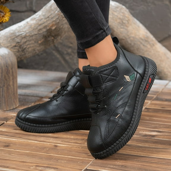 XIMIN Women's Winter Fleece Snow Shoes Leather Sneakers Furry Lined Lace Up Thick's Ankle Boots Wide Fit Walking Shoes Outdoor Work Walking Comfort Warm Shoes