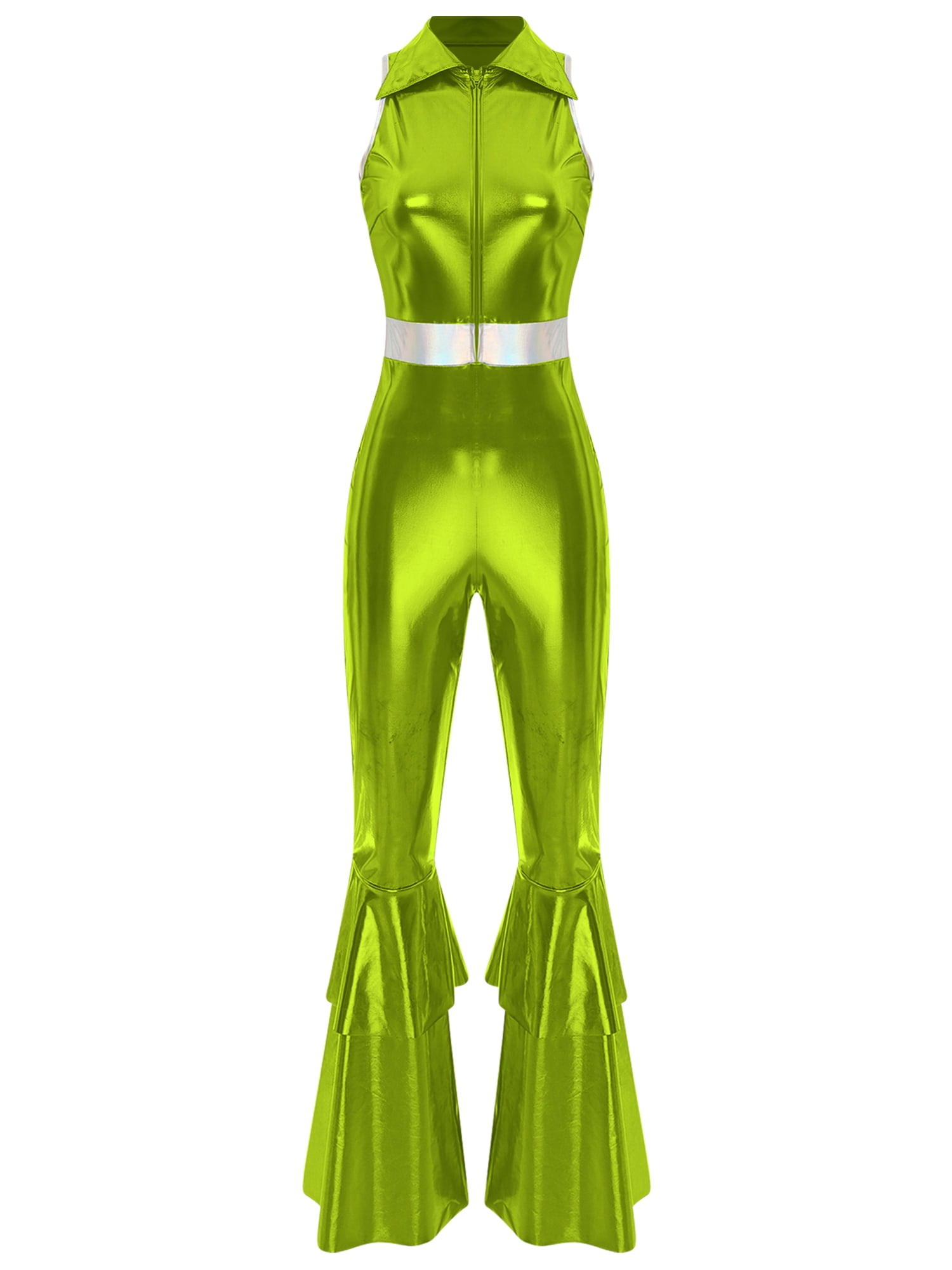 iixpin 70s Costume Outfit for Women Lapel Sleeveless Disco Jumpsuit Holographic Shiny Disco Costume Green S