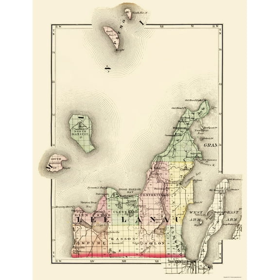 Historic County Map - Leelanau County Michigan - Walling 1873 - 23 x 29.99 - Vintage Wall Art