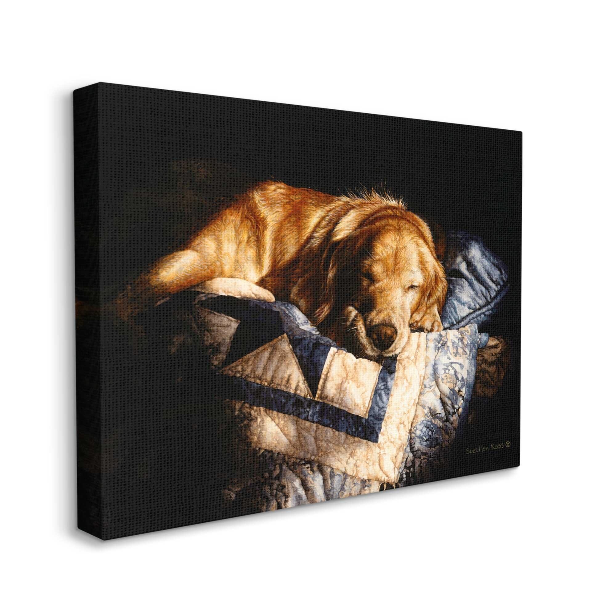 Stupell Industries Cozy Dog Sleeping Quilt Animal Animals & Insects Painting Gallery Wrapped Canvas Print Wall Art