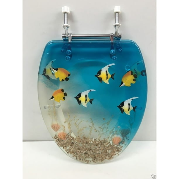 ELONGATED BLUE AQUARIUM FISH AND SEASHELLS RESIN TOILET SEAT, CHROME HINGES
