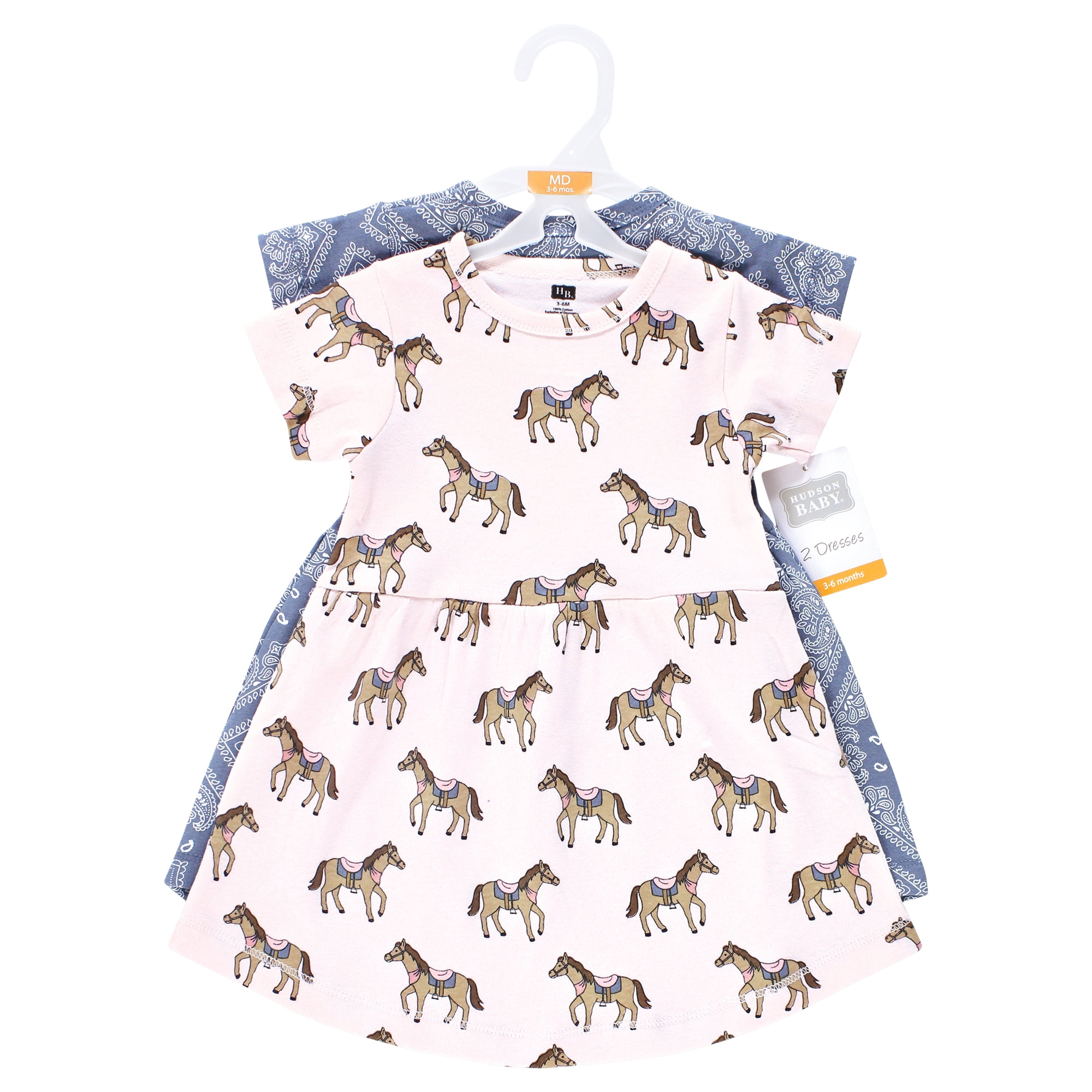 Hudson Baby Girls Cotton Dresses, Pink Horses, 9-12 Months