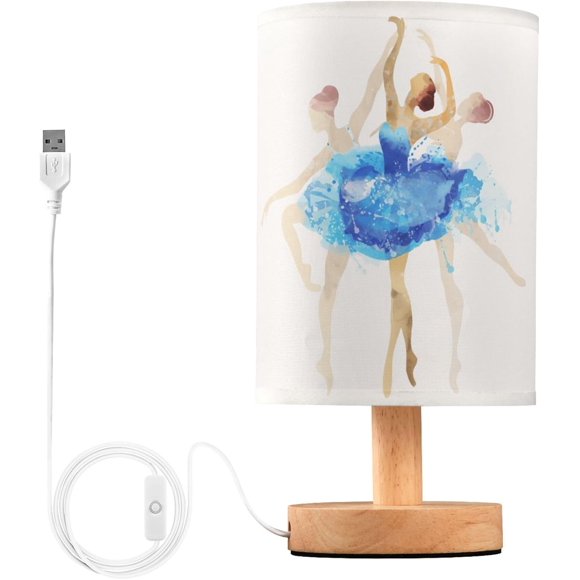 ERDS-Table Lamp Ballerina Ballet Dancer in Pastel Color Dancing on White Nightstand Lamp with Wood Base Fabric Lamp Shade Bedside Desk Lamp for Living Room Bedroom Kids Room Office