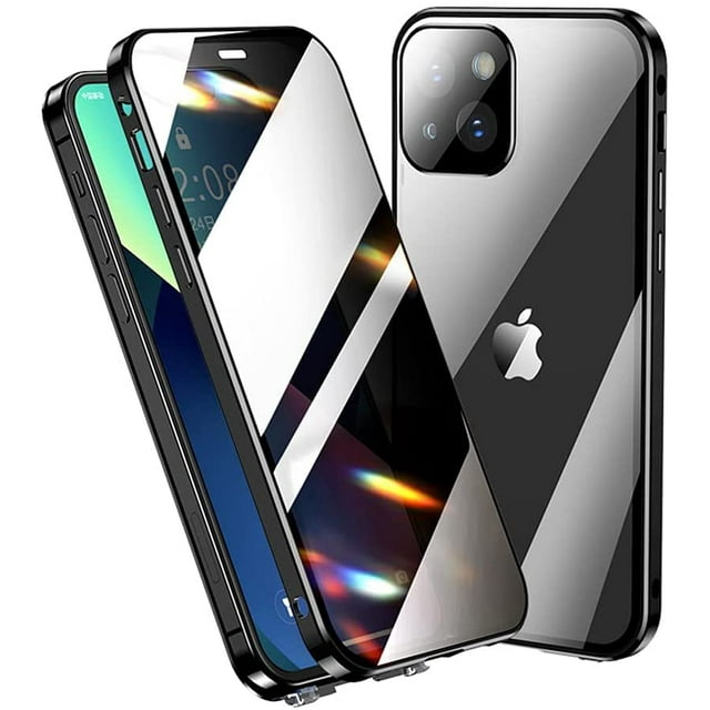 Lockable iPhone 12 Anti-Peeping Case with Camera Lens Protector Privacy Screen Protector Strap Hole Aluminum Alloy Metal Bumper Case Double Lock Glass Case Cover (iPhone12, Black) Black iPhone12
