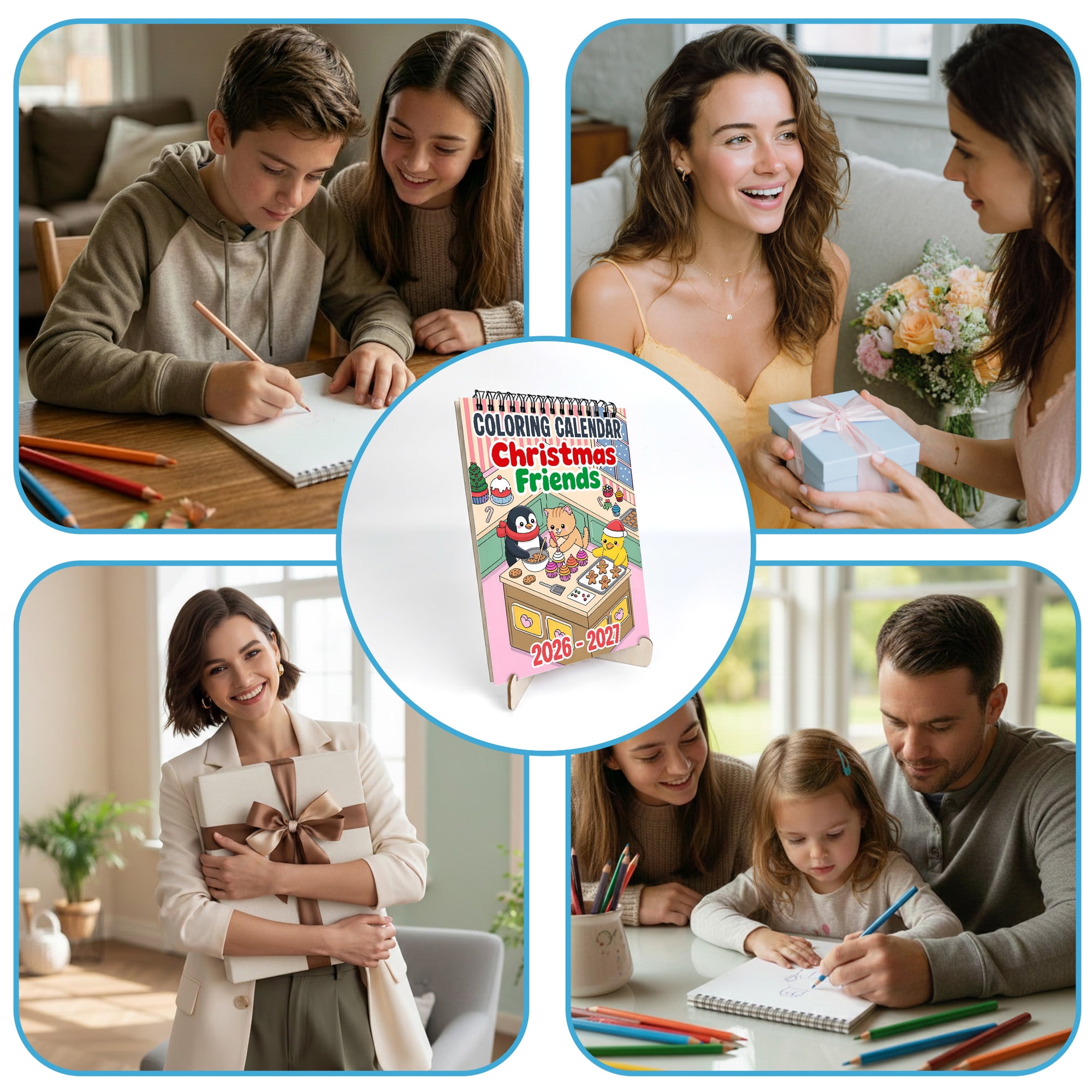 Christmas Friends Coloring Desk Calendar 2026–2027, A5 Wooden Cover Planner with 26 Easy Coloring Pages for Adult Relaxation, 24 Month Desktop Calendar with Stand, Gift for Family & Friends
