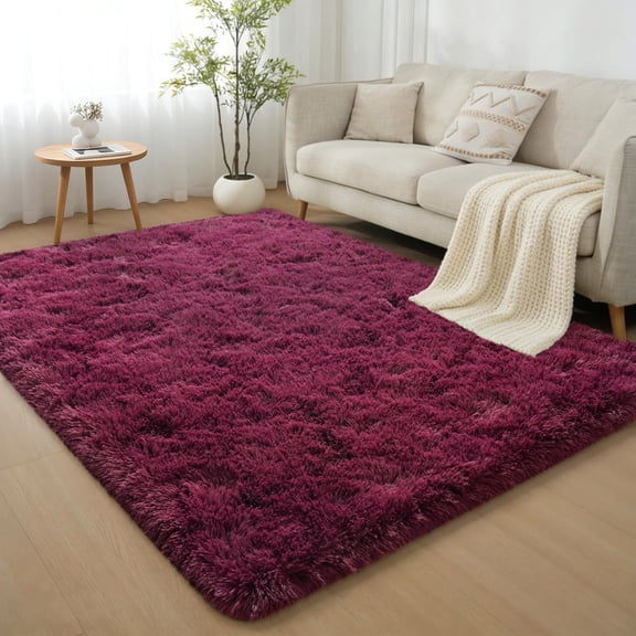 Janvonne Fluffy Shag Area Rug for Kids Room, 4x6 Modern Non-Slip Soft Plush Carpet for Entryway Nursery, Burgundy Red