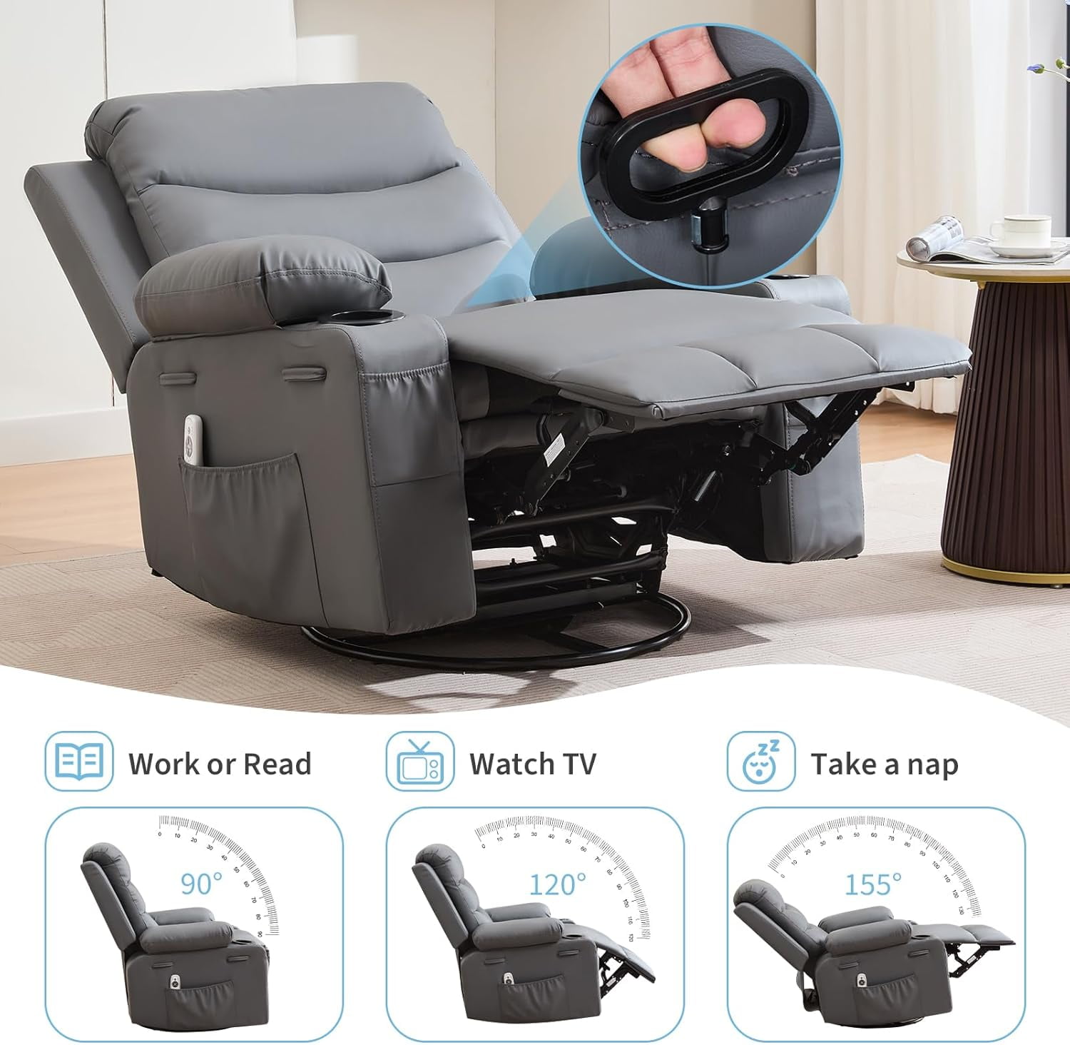 Recliner Chair Nursery, Oversized Manual Reclining Rocking Chair, Corduroy 360 Swivel Glider with Cup Holder, Massage and Heat Recliner, Small Sofa Chairs for Adults, Living Room,Bedroom, （Pu，gray）