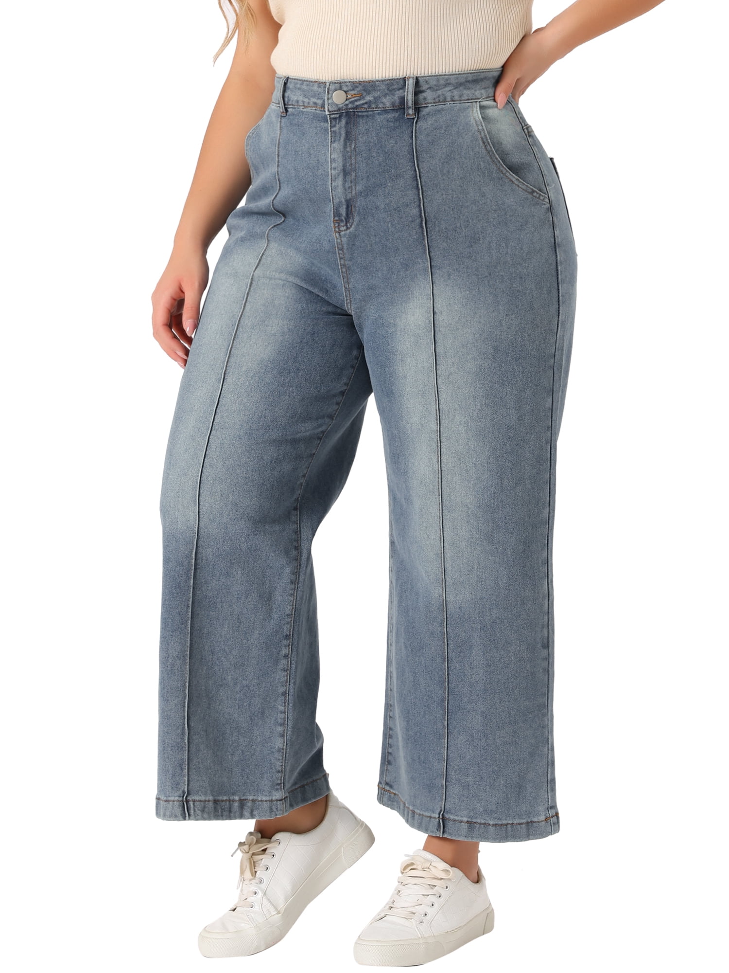 DARING DIVA Women's Plus Wide Leg Stretch with Pockets Denim Ankle Pants 4X Gray Blue